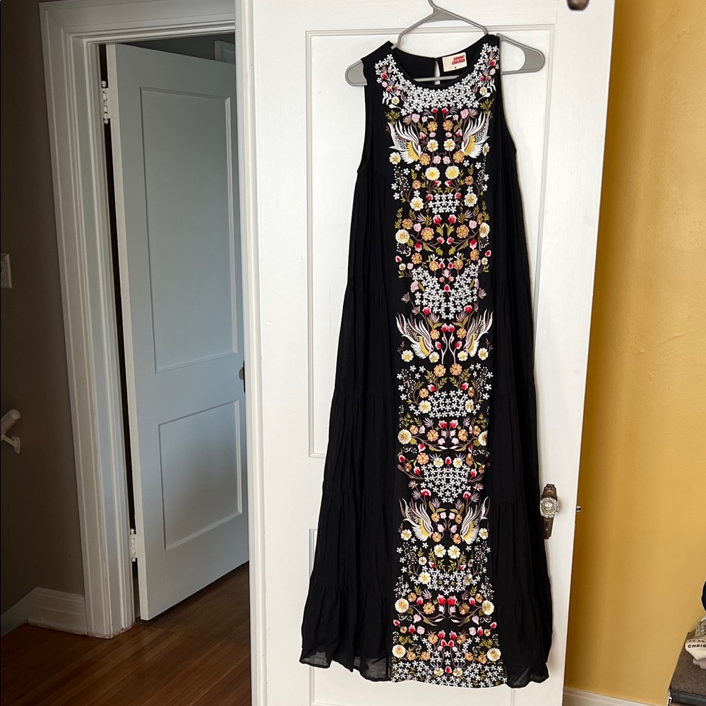 EUC Anthropologie Samant Chauhan Black Embroidered Maxi Dress Floral Gorgeous!